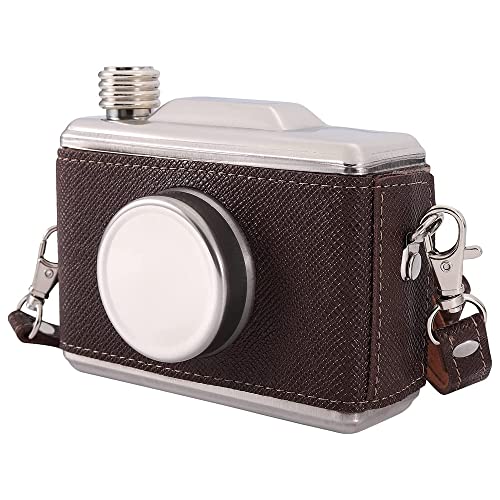 DEAUVIOR 11OZ Creative Camera Hip Flask Portable Stainless Steel Alcohol Flask with Funnel and Strap Leakproof Brown Camera Wine Bottle for Men Women Outdoor Drinking (Brown)