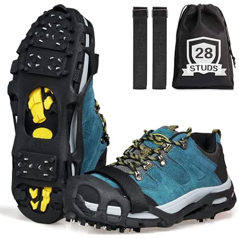 Ice Snow Grips Anti-Slip Spikes 28 Teeth Ice Snow Traction Cleats Crampons Slip on Boots Footwear Winter Outdoor for Hiking Fishing Climbing (Include Velcro Strap, M) Cover