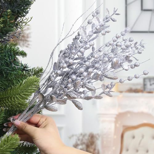 CristBest 24-Pack Christmas Tree Picks Ornaments, Artificial Glitter Berry Stem Glittery Twigs Ornaments for Christmas Tree Decorations, Small Vase, Holiday, Wedding, Party Decorations (Silver) - image 5