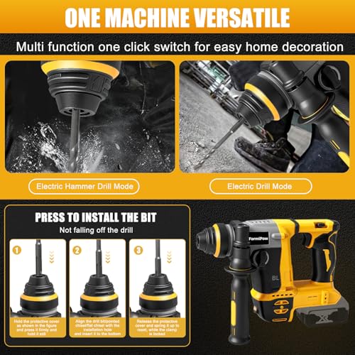 FormiPow SDS-Plus Rotary Hammer Drill for Dewalt 20V Battery, 3J Impact Brushless Hammer Drill with 2 Mode Operation, Cordless Hammer Drill with 3 SDS Plus Bits & Chisel Set (No Battery) thumbnail 5