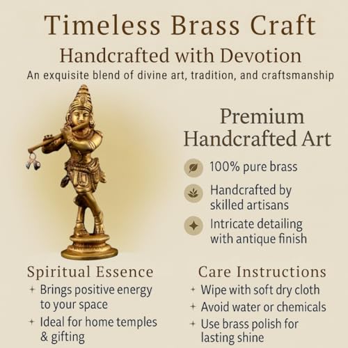 Image of 100% Pure Brass Lord Krishna Idol with Flute 12 cm | Handcrafted Shree Krishna Murti for Home Temple & Decor | Small Kanha Ji Statue for Office Desk | Spiritual Housewarming Gift