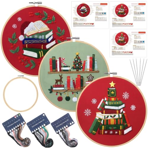 Image of Mindsoft 3 Sets Christmas Booklover Embroidery Kit with Hoop Easy Pattern