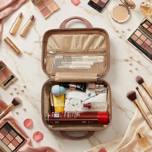 Image of SHAMAX Makeup Organizer Box for Women Bridal Vanity Case (TSA Lock) Vanity Box Cosmetics, Jewellery & Beauty Storage Organizer, Gift for Women (Rose Gold)