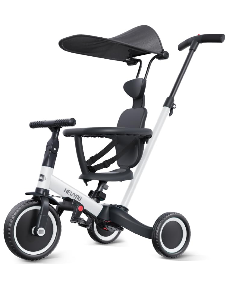 newyoo Tricycle for Toddlers 1-3, Toddler Bike, Toddler Tricycle with Push Handle and Canopy, Birthday Gift and Toys for Girl and Boy, 6 in 1 Baby Trike, Balance Bike, TR009, White