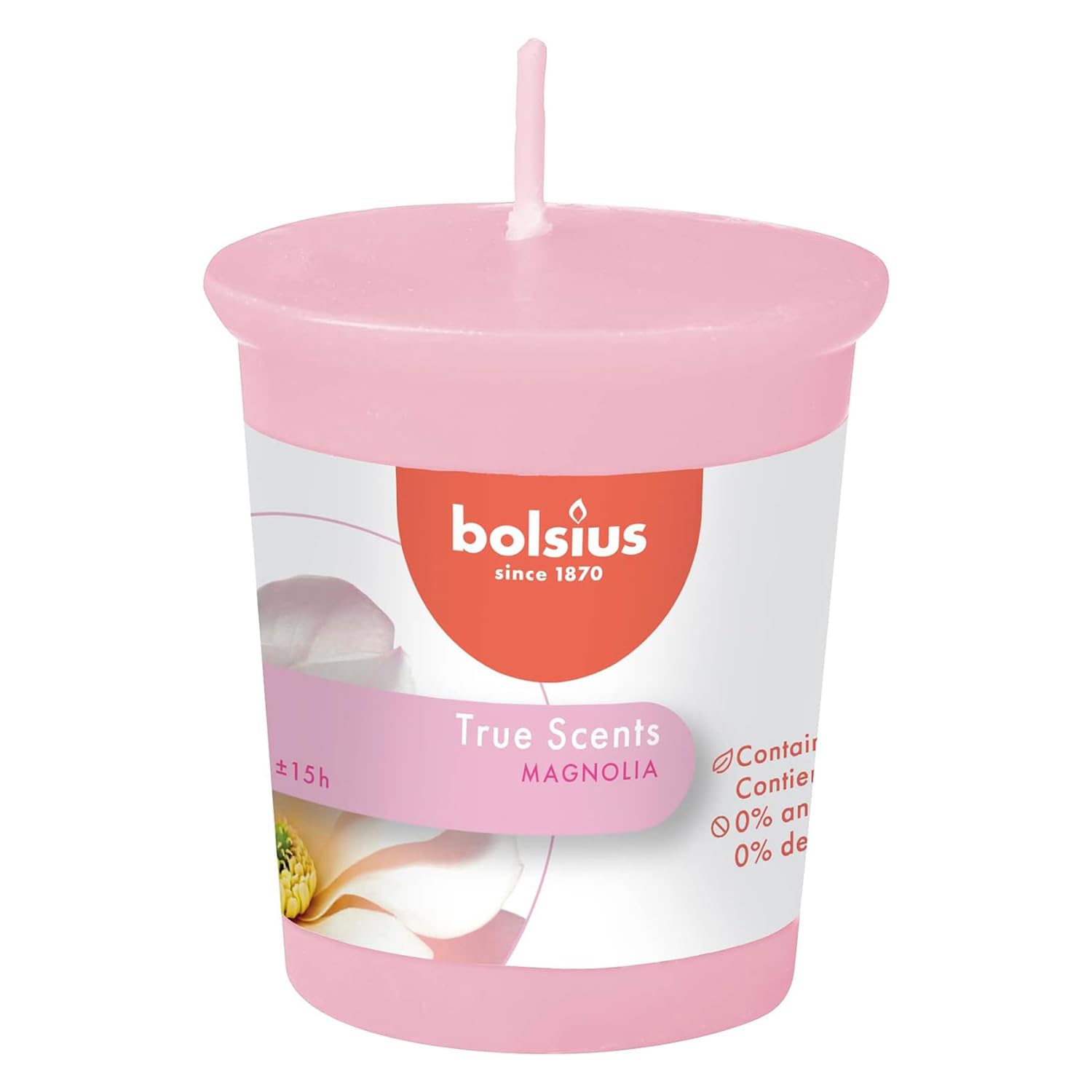 Bolsius - Velas votivas aromáticas - Magnolia - Rosa - 12 unidades - Duración de combustión 15 horas - Con extractos naturales - Cera natural y vegana - Sin aceite de palma