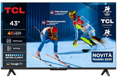 TCL 43V6C TV 43'' 4K UHD Smart LED TV, 4K HDR, Google TV con design senza bordi (Dolby Audio, Motion Clarity, compatibile con Google Assistant e Alexa)