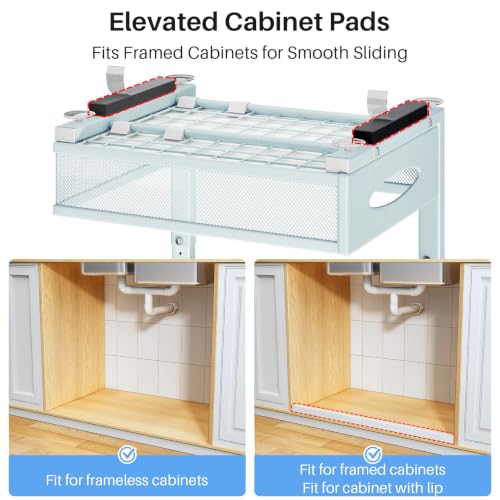Image of Under Sink Organizer, 2 Tier Pull Out Under Cabinet Organizer Shelf with Pad for Framed Cabinets, Metal Slide Out Under Sink Storage, Mesh Sliding Drawers for Kitchen Bathroom Laundry(Blue, 1 Pack)
