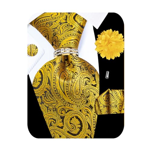 Image of 5PCS Tie and Pocket Square for Men, Silk Necktie and Handkerchief Cufflinks with Gold Ring and Lapel Pin Set