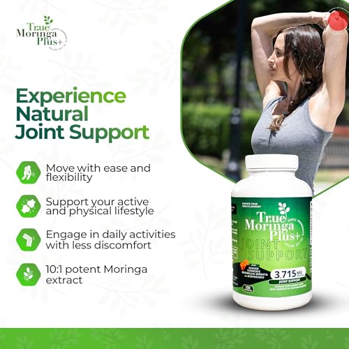 True Moringa Plus+ Joint Support Supplement 10:1 Extract | 20,000mg of Organic Moringa, Turmeric Curcumin, Ginger, Boswellia, BioPerine | Extra Strength Herbal Antioxidant for Adults (150 Capsules)