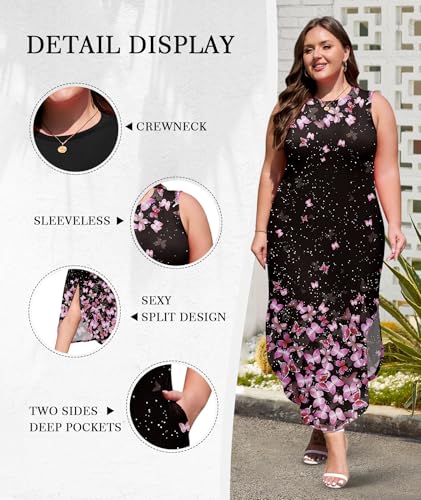 Image of Wolddress Womens 2026 Plus Size Sleeveless Tank Dress Casual Loose Sundress Split Summer Beach Long Maxi Dresses with Pockets