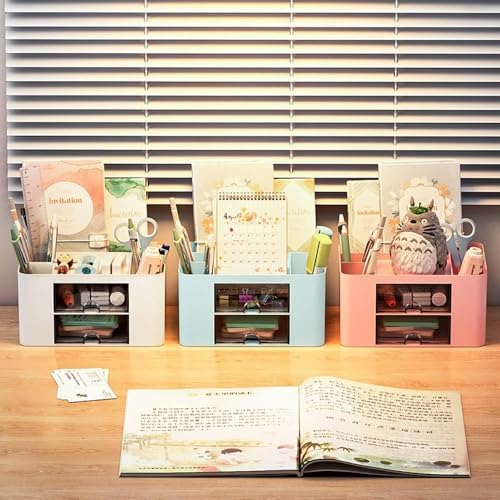 Image of ROKTRY Aesthetic Desk Organizer for Study Table & Office - Multi-Functional Pastel Pink Stationery Storage Box with 2 Drawers, Pen Holder & Compartments for School Supplies, Cosmetics & Accessories