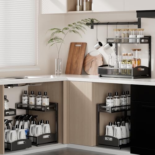 Image of Petiza Under Sink Organizer,2 Pack Height Adjustable Under Sink Organizers and Storage, 2 Tier Under Sink Storage for Kitchen Bathroom Cabinet