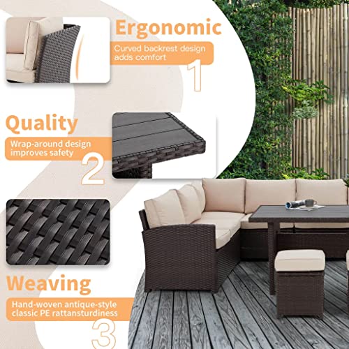 Image of DEVOKO Outdoor All-Weather Sectional Wicker Sofa Set and Ottomans with Washable Cushions and Dinning Table for Backyard, Pool (Dark Brown and Cream)