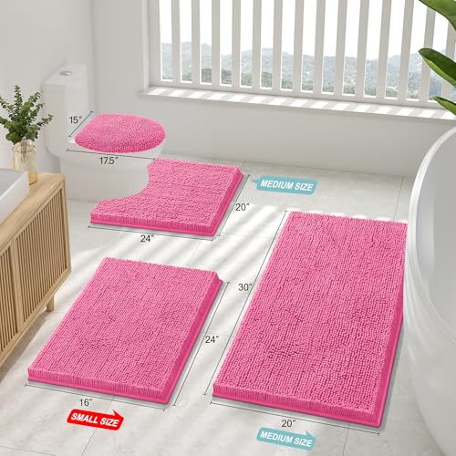 Smiry Luxury Chenille Bathroom Rugs 36x24, Extra Soft and Absorbent Shaggy Bath Mat, Machine Washable, Non-Slip Plush Carpet Runner for Tub, Shower, and Floor, Home Decor Accessories, Hot Pink
