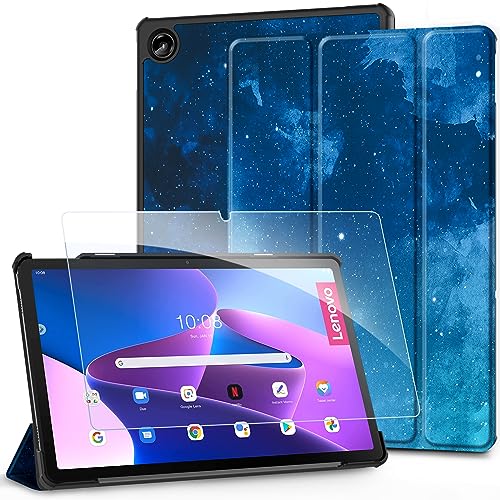 EasyAcc Hülle für Lenovo Tab M10 Plus 3rd Gen 10.6 Zoll 2022 (TB125FU /TB128FU /TB128XU) mit Schutzfolie, Schutzhülle Ultradünne PU Leder mit Standfunktion und Auto Schlaf/Wach, Blaues Sternenmuster
