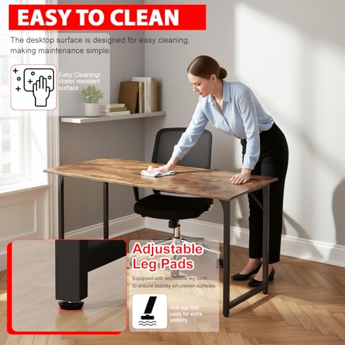 Image of PayLessHere | 55 Inch Computer Desk | Vintage | Office Desk with Metal Frame, Adjustable Feet | Water-Resistant, Scratchproof Surface | Sturdy Writing Table for Home Office or Study | Pack of 1