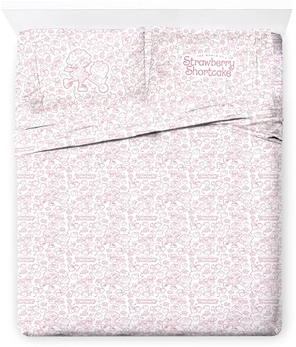 Jay Franco Kids Sheet Set with Fitted, Flat Sheets & Pillow Cover - Ultra-Soft Bedding with Pillowcase for Room Decor, Pink - Strawberry Shortcake, 4 Piece Queen