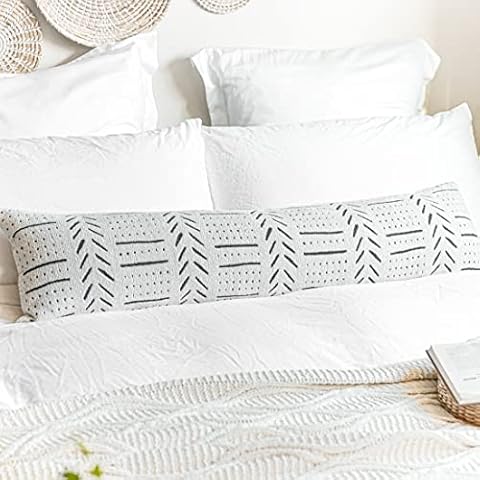 BlissBlush Off White Black Extra Long Lumbar Pillow Cover for Bed 12X46, Soft Chenille Boho Pattern Decorative Throw Lumbar Pillow Cover, Bohemian Textured Bed Lumbar Pillow Cover Cover