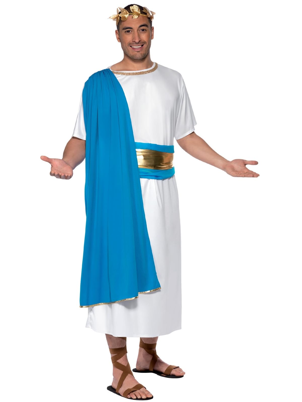 Smiffys Roman Senator Costume, Blue & White Robe, Belt and Headpiece, Legends & Myths Fancy Dress, Adult Dress Up Costumes