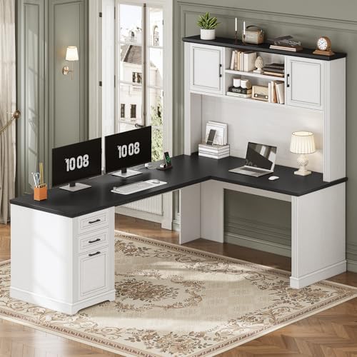 SEDETA 68.9 L-Shaped Office Desk with Hutch, 3 Drawers, and Power Outlet for Home Office - White