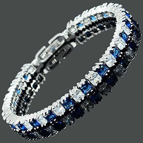 Rizilia LB1285BLU Ice Cube Princess Cut Simulated Blue Sapphire Cz 18K White Gold Plated Tennis Bracelet thumb #2