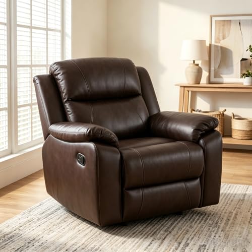 Image of Single Leather Manual Recliner Chair, Oversized Lazy Boy Recliner with Home Theater Seating, Breathable Living Room Reclining Chair for Adults Reading, Gaming, Relax, Brown