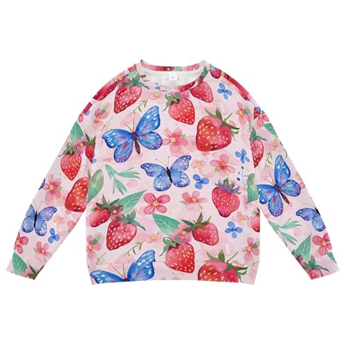 JUNZAN Cute Strawberries Flowers Blue Butterfly on Pink Little Boys Sweatshirts Hoodies Crewneck Kids Hoodies Boys Sports 4T