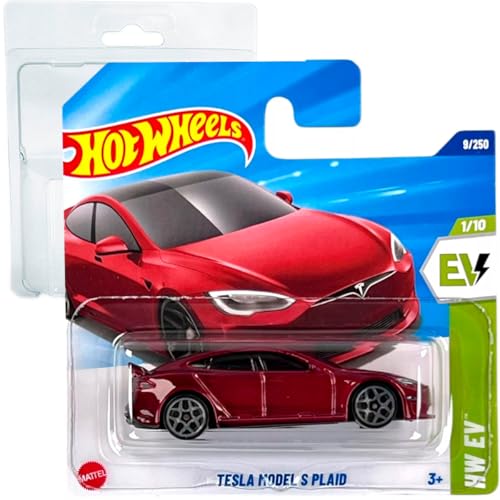 Hot Wheels Tesla Model S Plaid HW EV 1/10 (9/250) HYW86 Rojo 2025 + Protector Short Card Frikimonkey