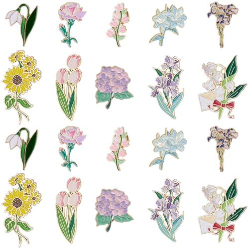 SUNNYCLUE 20Pcs 10 Styles Flower Enamel Pins Flowers Brooch Pin Bulk Metal Alloy Cartoon Plants Floral Sunflower Tulip Orchid Lapel Brooches for DIY Badges Clothing Jacket Bags Decoration Accessories
