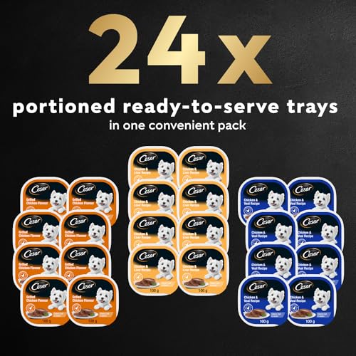 CESAR Classic Loaf in Sauce Adult Wet Dog Food Chicken Lovers Variety Pack, 8 Grilled Chicken Flavour, 8 Chicken & Liver Recipe, 8 Chicken & Veal Recipe 24x100g Trays image 1