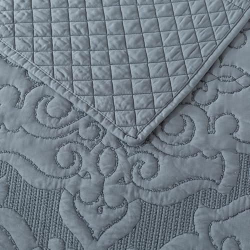 NEWLAKE Reversible Quilt Bedspread Embroidered Microfiber Coverlet Set,Jacquard Embossed Floral,Grey, King Size