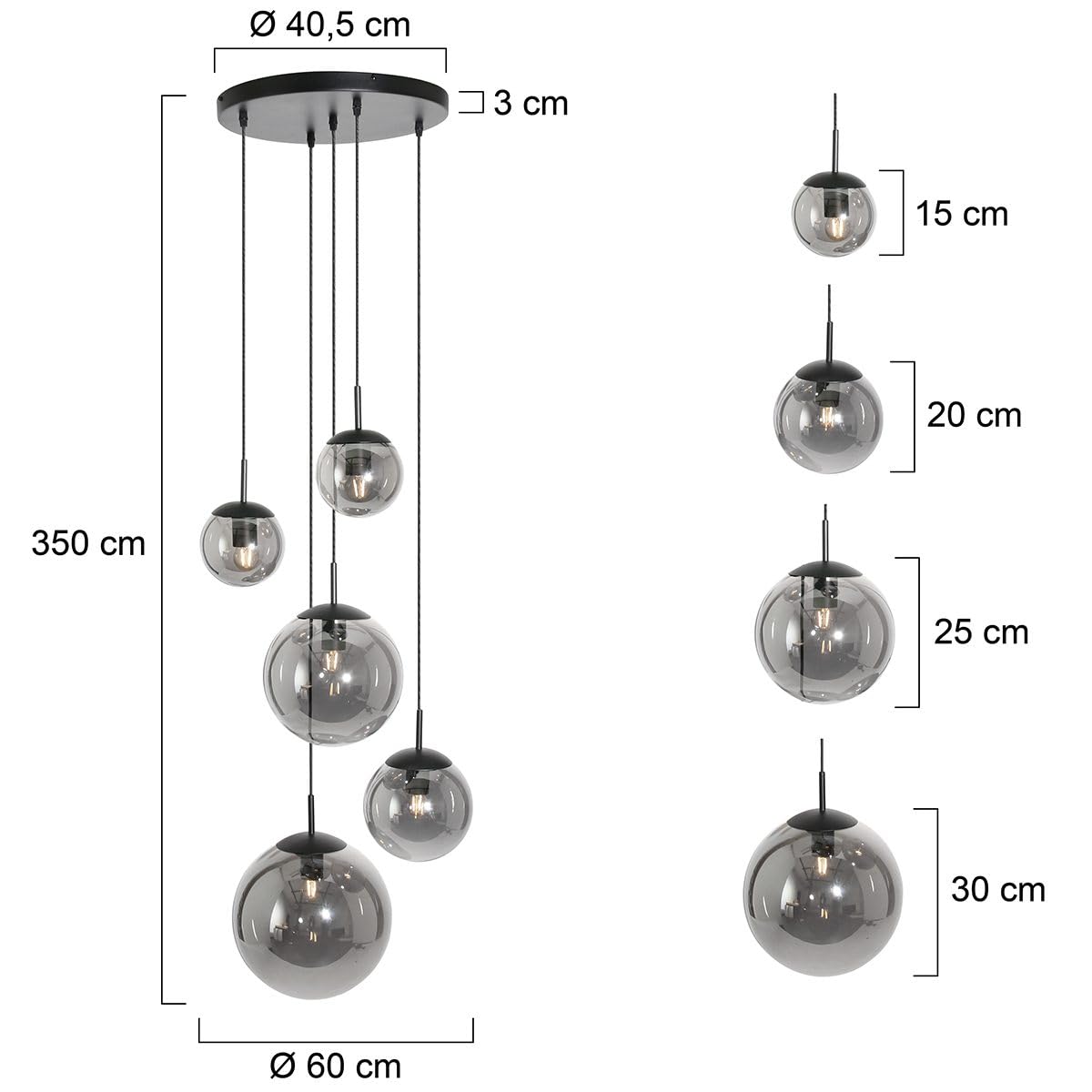 Pendelleuchte Vetro, Glas Hängelampe 5-flammig, rund, Schwarz | Modern, bis 320 cm höhenverstellbar, Esszimmer, Wohnzimmer, Treppenhaus, Ø 38 cm, Rauchglas, Cluster, Leuchtmittel inklusive
