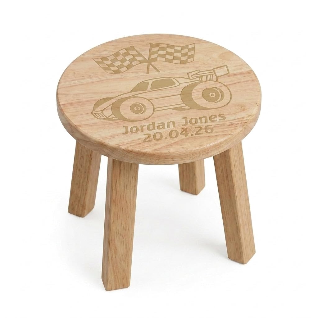 Personalised Wooden Racing Car Stool for Toddlers | Custom Name Engraved Kids Sitting Stool | Nursery Furniture for Boys & Girls | First Birthday, Christening & Naming Day Gift Toddler Chair