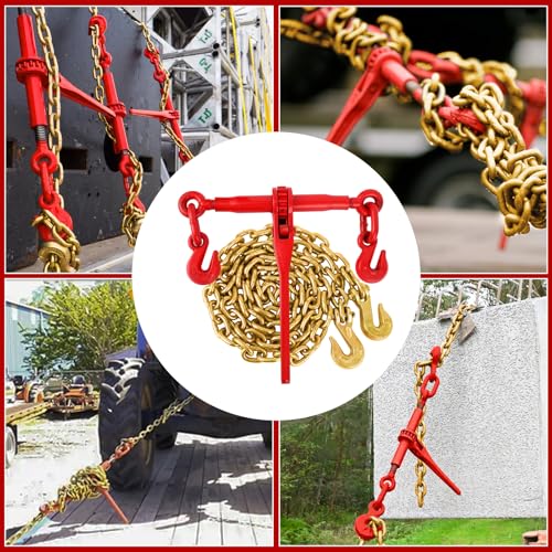 Image of 2 Pcs 5 /16'' to 3 /8'' Chain and Binder Kit, Ratchet Load Binder with Work Load Limit 9200 LBS, 5 /16''x10 FT Grade 70 Chain with Working Load Limit 6600 LBS for Heavy Duty Cargo Flatbed Trailers