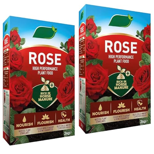 High-Performance Rose Plant Food - Pack of 2 x 3kg Enriched Horse Manure Rose Plant Feed Pellets for Outdoor Garden Plants. Rose Fertiliser with Topline Card.
