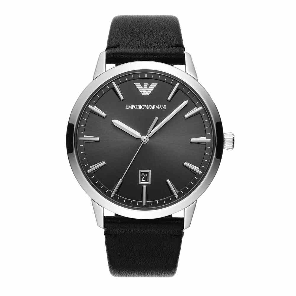 Emporio Armani Orologio da uomo, movimento a tre lancette con data, cassa in acciaio inossidabile argentato da 43 mm con cinturino in pelle, AR11193