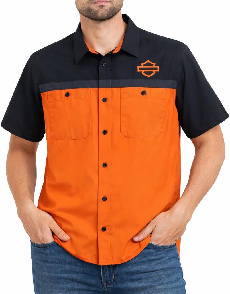 Harley-Davidson TECH Vented Button Shirt, Colorblock Orange & Black, 96737-25VM