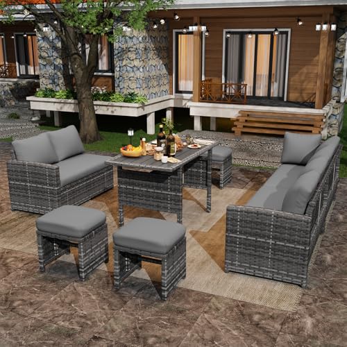 Image of U-MAX 7 Pieces Patio Furniture Set, Outdoor Sectional Sofa Conversation Set, All Weather Wicker Rattan Dining Table & Chair with Ottoman, Grey Rattan&Grey Cushion