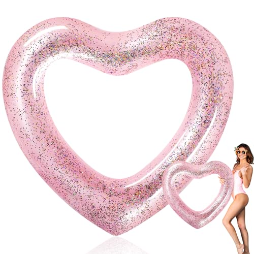 Relaxgiant Heart Pool Float 47.3 x 39.4 Inch Inflatable Swim Rings Heart Shaped Bachelorette Pool Rings Glitter Swimming Pool Float Tube Summer Water Fun Beach Party Toys for Adults(Pink)
