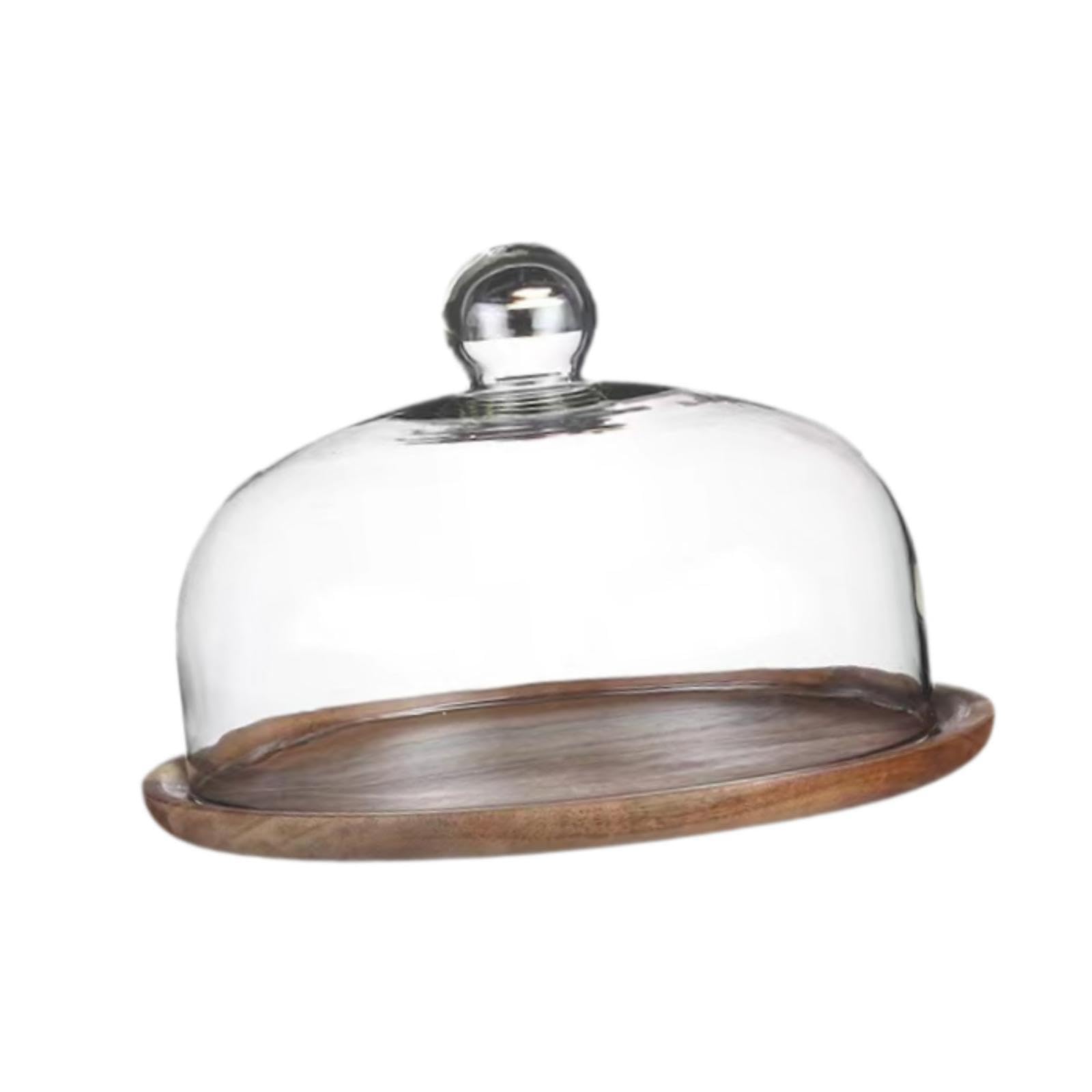 YIXANNX Inviting Cake Stand With Glass Cake Plate Acacia Wood Must Have For Dessert Lovers Plate With Glass Cover Fruit Display Platter Srving P Kitchen, 23cm lid