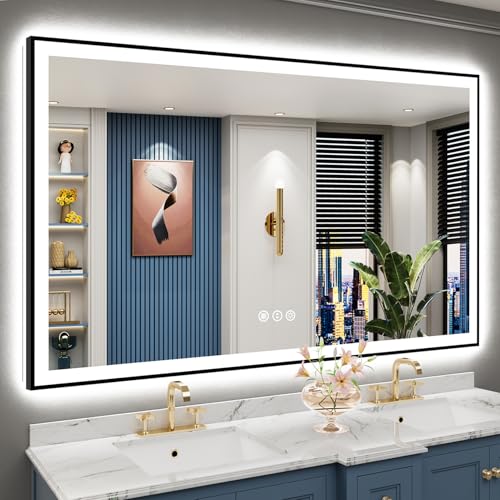 Image of 66x40 Black Framed LED Bathroom Mirror with Lights, Backlit and Front Lit Anti-Fog Lighted Vanity Mirror for Bathroom Wall, Dimmable, 3 Colors, Memory, Shatter-Proof, HD Tempered Glass, CRI 95