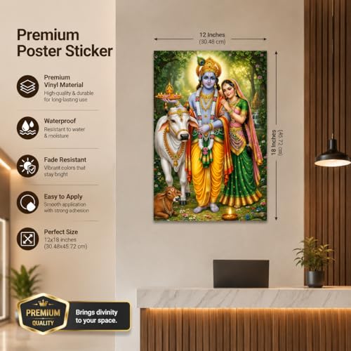 Image of Rangoli Radha Krishna Self Adhesive Poster 12x18 Inch | Hindu God Wall Sticker Poster with Cow & Calf for Home Temple Pooja Room Living Room Bedroom Decor | Spiritual Devotional Wall Art