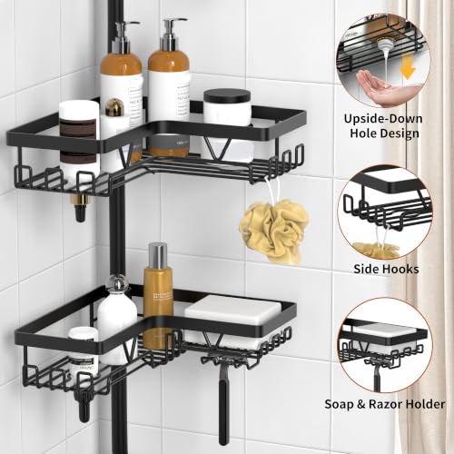 Image of KEGII Corner Shower Caddy Tension Pole - Shower Tension Rod Organizer, Floor to Ceiling Shower Caddy 25-114.2 inch, Towel Rack Corner Waterproof, Black