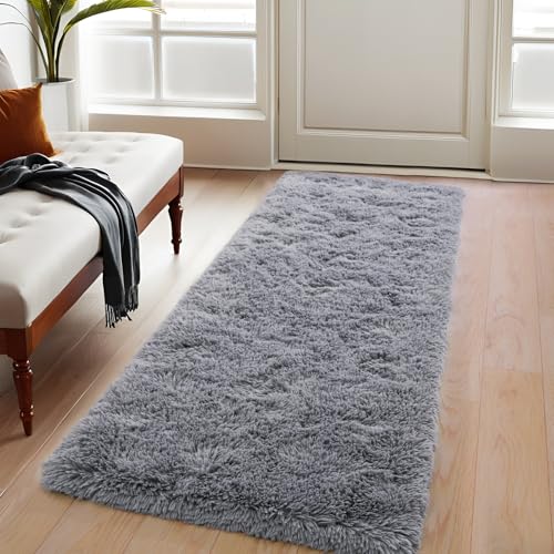 KING DARE Grey Runner Rug 2x6 for Bedroom Bedside, Fluffy Shaggy Washable Plush Fuzzy Shag Non-Slip Soft Carpet for Dorm Hallways Entryway Kids Room, Modern Home Decor Aesthetic
