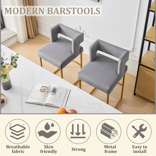 Image of 26 inch H Velvet Bar Stools Set of 6, Counter Height Bar Seats with Square Back, Modern Upholstered Armless Barstools with Metal Gold Legs for Kitchen Island Dining Room Bar, Grey