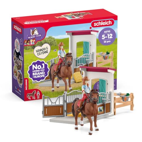 Schleich Horse Club | Box à Chevaux avec Hannah & Cayenne 42710 | Set avec écurie, Figurine articulée, Cheval, clôture et Accessoires | Cadeau pour Enfants...