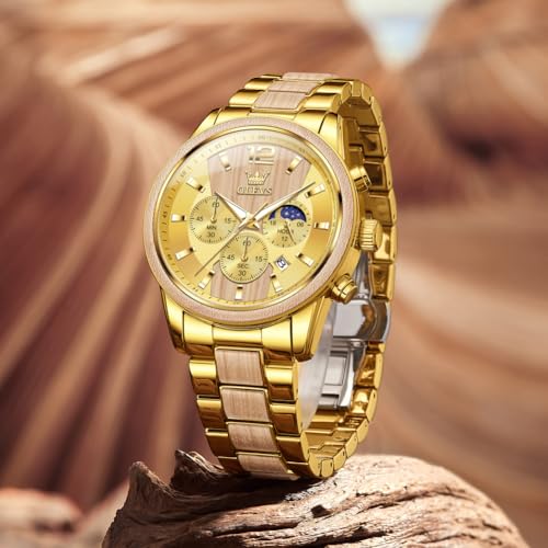 Image of OLEVS Men Watch Blue Gold Analog Quartz Stainless Steel Waterproof Luminous Date Luxury Casual Watch