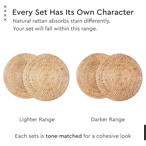 Image of Encasa XO Dining Round Table Mats Set of 2 | Rattan Placemat - 30 cm Diameter | Natural Cane Handmade Woven | Boho Farmhouse Wicker Chargers for Dinner Plates
