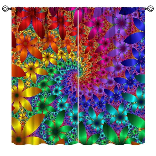 JanJCurt Tie Dye Curtains, Abstract Rainbow Spirals Flower Petals Boho