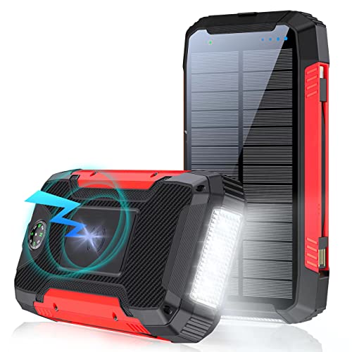 Solar Power Bank 36800mAH,Qi Wireless Portable Charger with External 3 Cables,12 LED Flashlight,IPX5 Waterproof,15W 5V / 3A USB C Port Five Output and Two Input (Red)